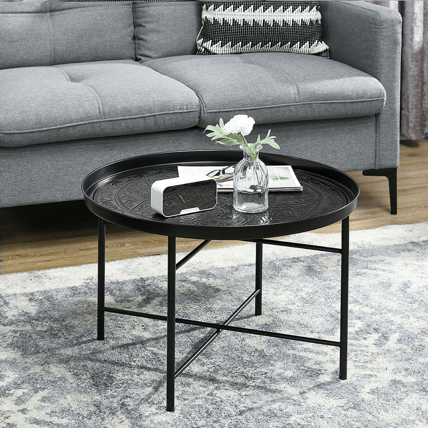 Coffee Table For Living Room, 24inch Round Center Table With Hammered Tray Top And Metal Frame For Bedroom, Black
