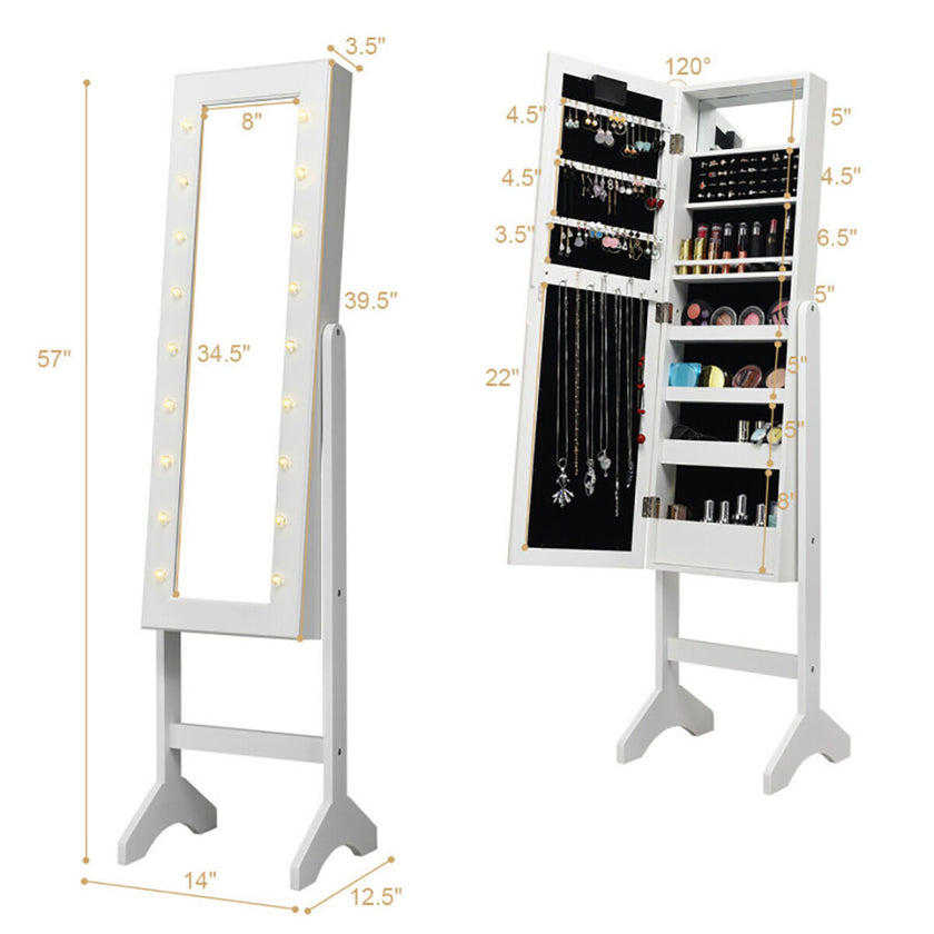 Mirrored Standing Jewelry Armoire Cabinet With LED Lights