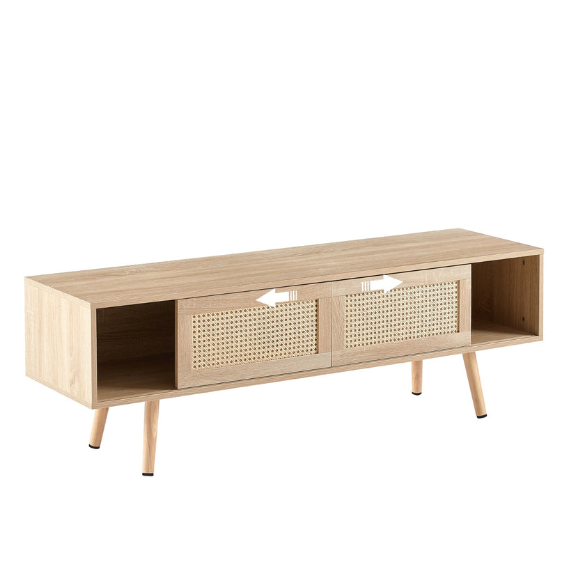 55.12  Rattan TV Cabinet With Sliding Doors  Adjustable Shelf   Solid Wood Legs