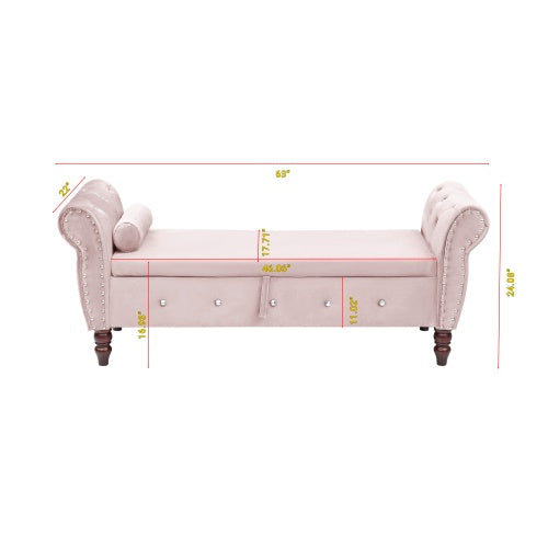 63.38Velvet Multifunctional Storage Rectangular Ottoman Bench Comes With Crystal Buckle Solid Wood Legs With 1 Pillow
