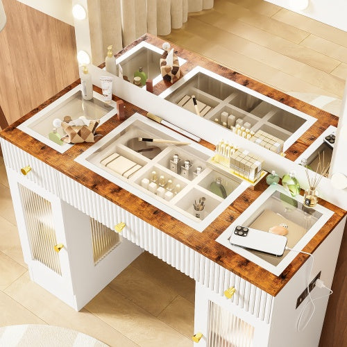 43.3 Vanity Desk With Large Mirror And Hollywood Bulbs, Modern Glass Top Makeup Vanity With Drawers And Power Outlet, Large Dressing Table With 3 Color Lighting Modes & RGB Cabinets For Bedroom