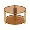 Modern Brown Glass Coffee Table, Asymmetrical Metal, Circular Metal Drum Base, Gold Finish  Lower Shelf