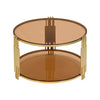Modern Brown Glass Coffee Table, Asymmetrical Metal, Circular Metal Drum Base, Gold Finish  Lower Shelf