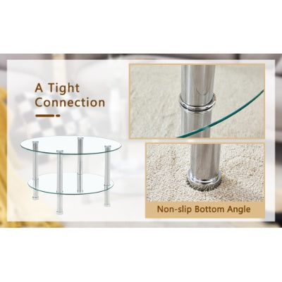 Contemporary Minimalist Double Layer Tempered Glass Coffee Table  27.5 Top And 23.6 Bottom.Reinforced Glass Tabletop,Stainless Steel Silver Plated Legs