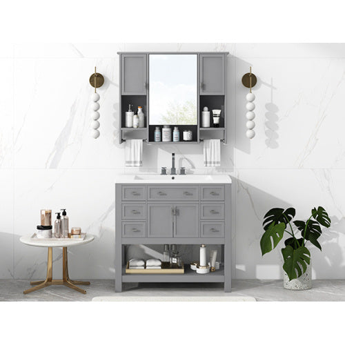 36'' Bathroom Vanity With Top Sink, Modern Mirror Cabinet With Towels Bar, Bathroom Storage Cabinet With 2 Soft Closing Doors And 6 Drawers, Single Sink Bathroom Vanity