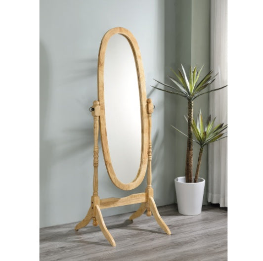 59.25  Tall Standing Wooden Floor Mirror With Natural Finish, Oval Shape