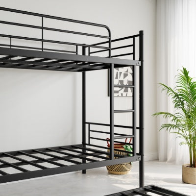 Twin Bunk Bed With Trundle Metal Bunkbeds With Ladder And Full-Length Guardrail, Noise Free, No Box Spring Needed, Black