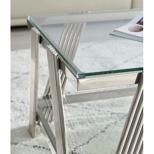47 Wide Rectangle Modern Stainless Steel Coffee Table, Double-Layer Clear Tempered Glass Coffee Table, Center Table With Storage, For Living Room Home Office, Easy Assembly