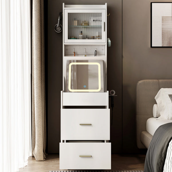 White Hemp Faced Particleboard With Triamine 2 Pull 1 Door 1 Flip LED 3 Tone Light Touch Mirror Dressing Table Set