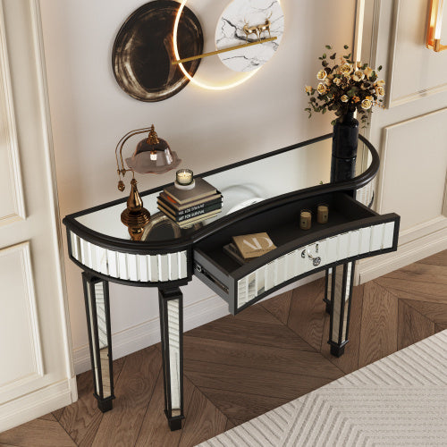 47 Half  Moon Mirrored Console Table With Fluted Glass  Crystal Knob Drawer  Silver Entryway Vanity Desk For BedroomDressing RoomGold Sliver