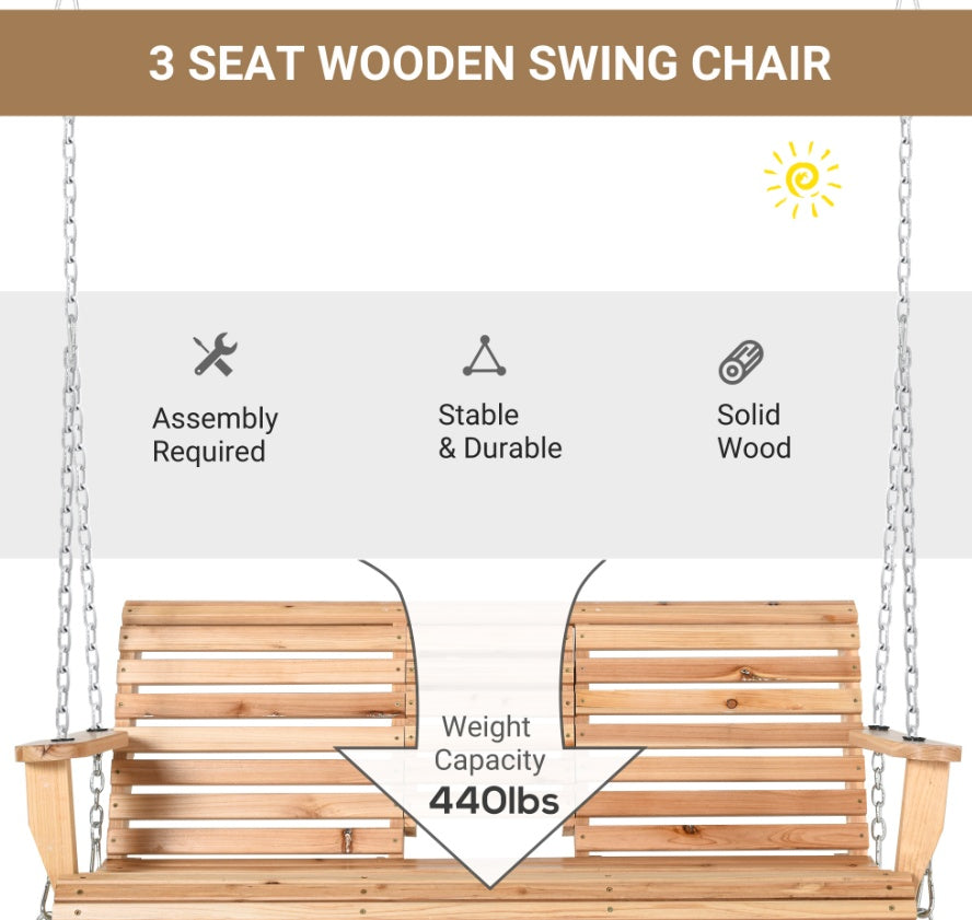 Wooden Swing Bench Heavy Duty Steel Chains 59 W X 29.5 D High Backrest, 440lbs Capacity, Natural