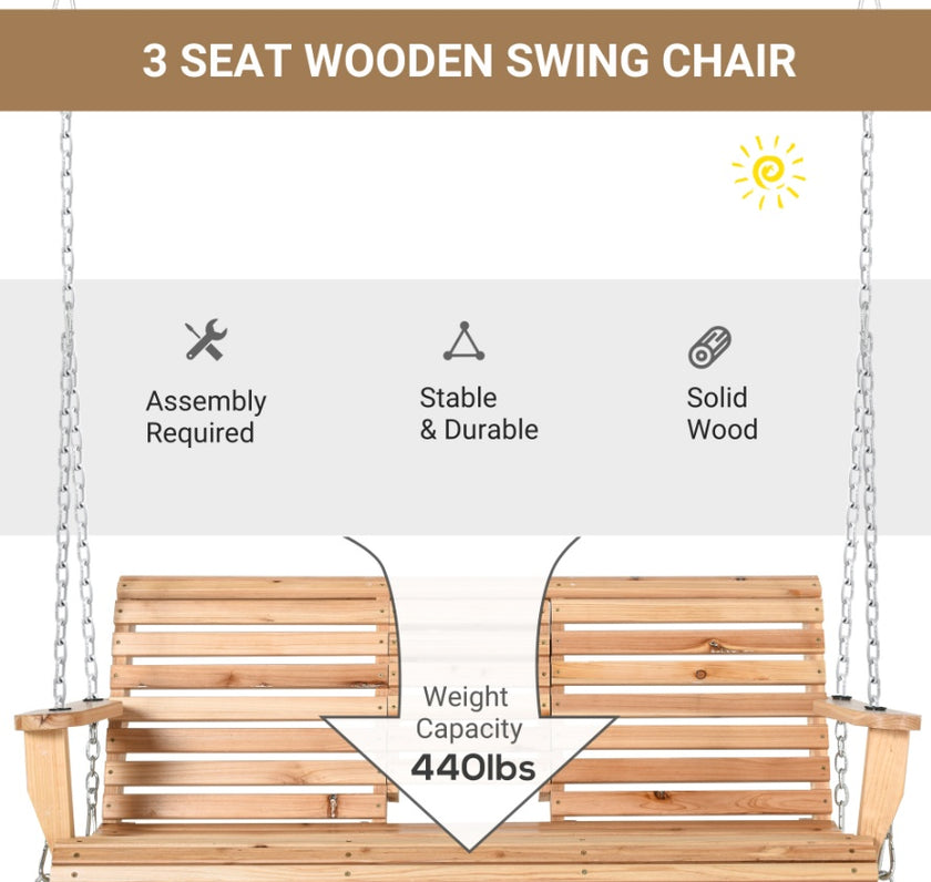 Wooden Swing Bench Heavy Duty Steel Chains 59 W X 29.5 D High Backrest, 440lbs Capacity, Natural