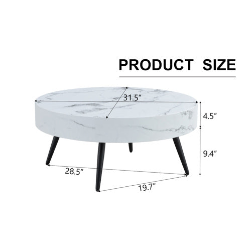 31.5 White Marble-Patterned MDF Round Coffee Table With Black Metal Legs.Adjustable Feet,Coffee Table,Round Table Design,MDF Material,White Marble Pattern.