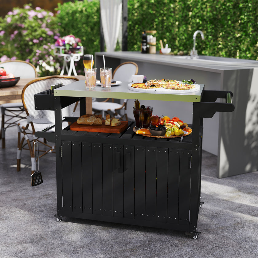 Outdoor Bar Cart With Storage, Stainless Steel Outdoor Bar Table Top, Wheeled HDPE Kitchen Island For Food Prep, Black