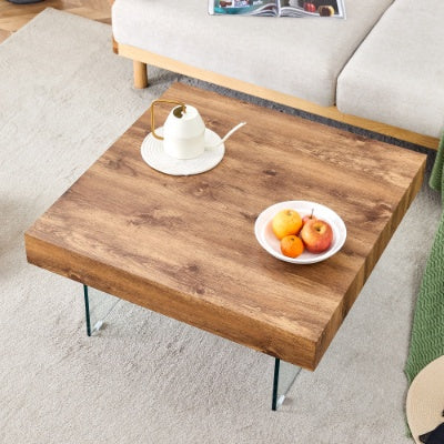 Natural Style Square MDF Coffee Table  31.5x31.5 With Tempered Glass Legs.Density Board Sticker,Reinforced Glass
