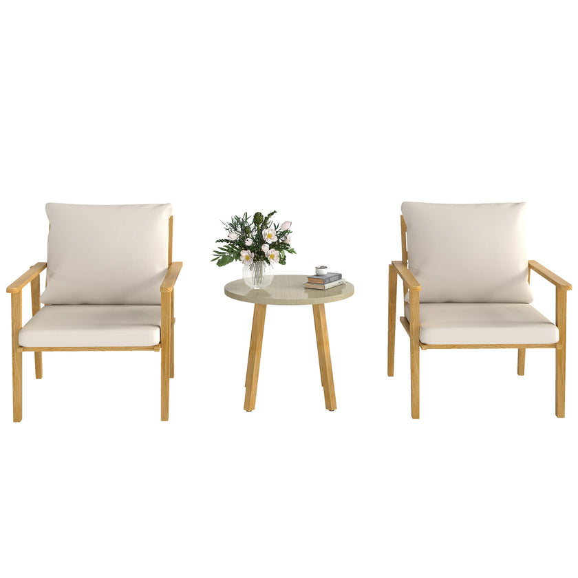 3 Piece Outdoor Bistro Set, Wood Effect Metal Patio Set With Wide And Deep Chairs, Round Table, Cushions, Cream White