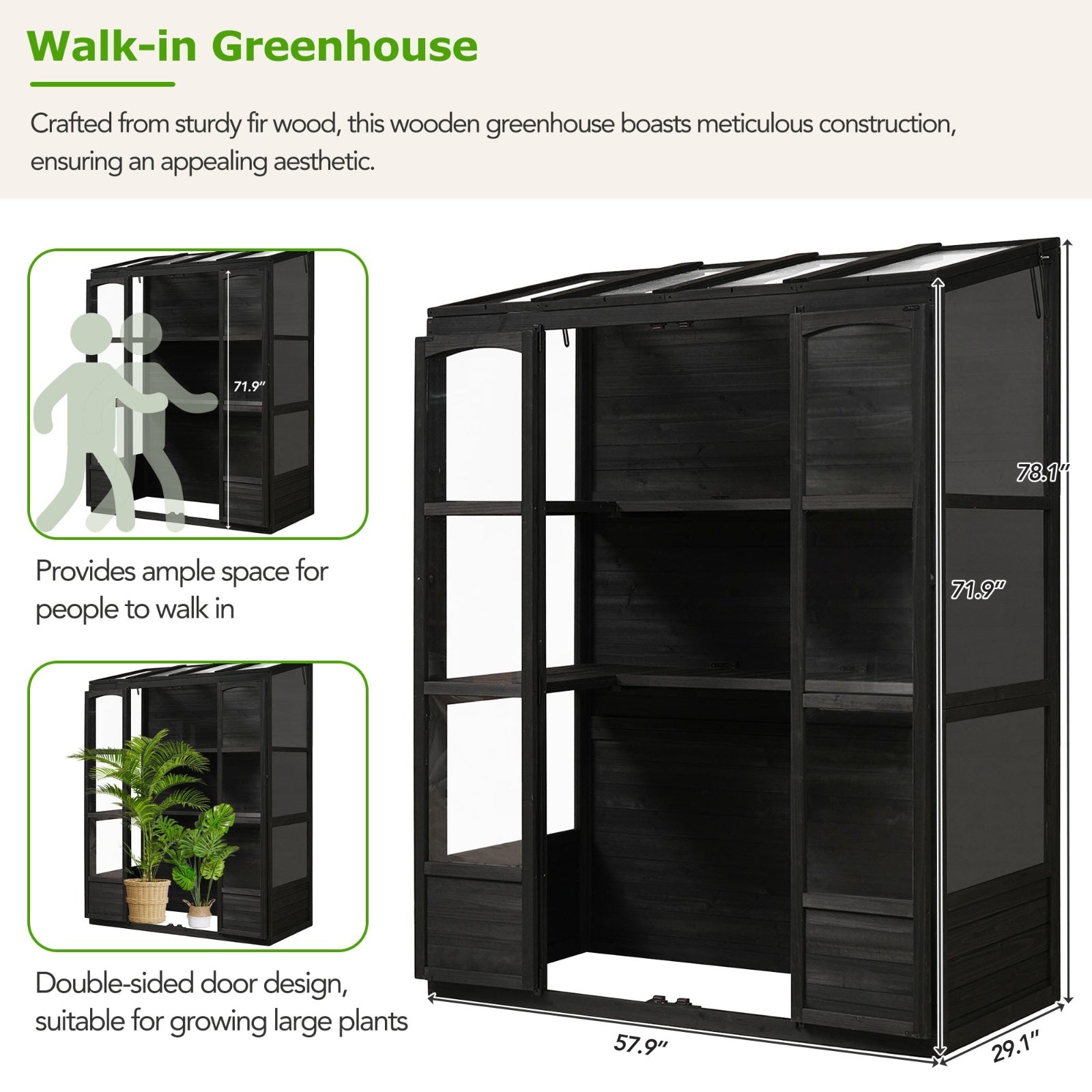 TOPMAX 78-inch Wooden Greenhouse Cold Frame With 4 Independent Skylights And 2 Folding Middle Shelve