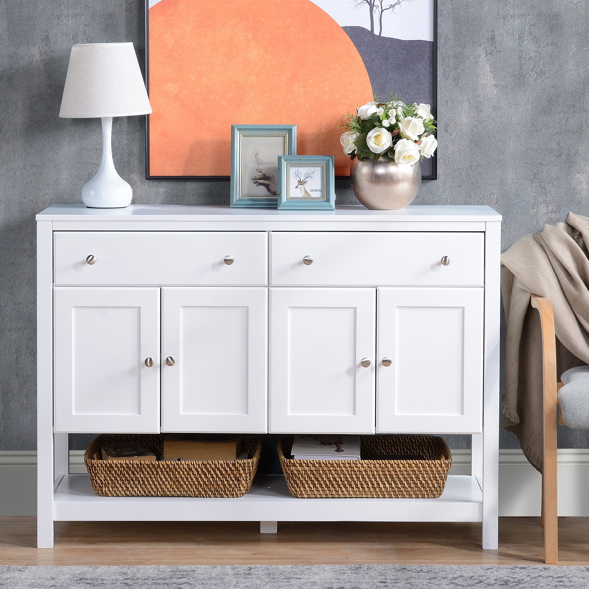 Modern White Buffet, Metal Hinges & Round Handles, Dining Room Storage