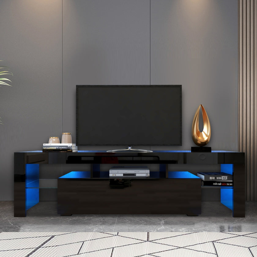 Modern Black TV Stand, 20 Colors LED TV Stand W Remote Control Lights