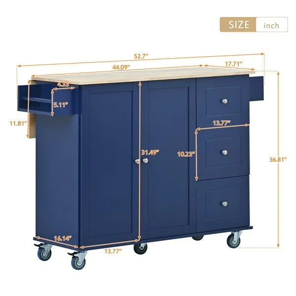 Rolling Mobile Kitchen Island With Drop Leaf - Solid Wood Top, Locking Wheels & Storage Cabinet 52.7 Inch Width