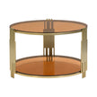 Modern Brown Glass Coffee Table, Asymmetrical Metal, Circular Metal Drum Base, Gold Finish  Lower Shelf