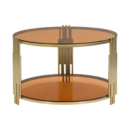 Modern Brown Glass Coffee Table, Asymmetrical Metal, Circular Metal Drum Base, Gold Finish  Lower Shelf