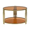 Modern Brown Glass Coffee Table, Asymmetrical Metal, Circular Metal Drum Base, Gold Finish  Lower Shelf