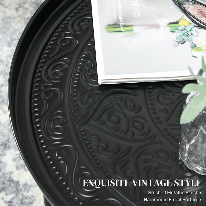 Coffee Table For Living Room, 24inch Round Center Table With Hammered Tray Top And Metal Frame For Bedroom, Black