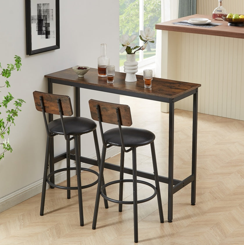 Bar Table Set With 2 Stools, PU Soft Seat, Rustic Brown, 43.3L X 15.75W X 35H