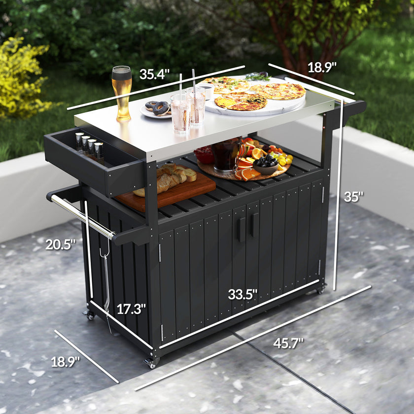 Outdoor Bar Cart With Storage, Stainless Steel Outdoor Bar Table Top, Wheeled HDPE Kitchen Island For Food Prep, Black