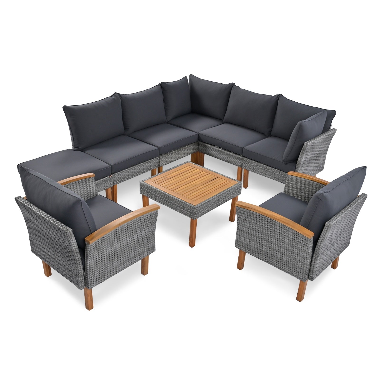 9-Piece Patio Rattan Set With Acacia Wood Legs & Tabletop, Outdoor Conversation