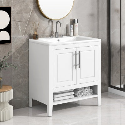 30 Bathroom Vanity With Sink, Multi-functional Bathroom Cabinet With Doors And Drawers, Solid Frame And MDF Board, White