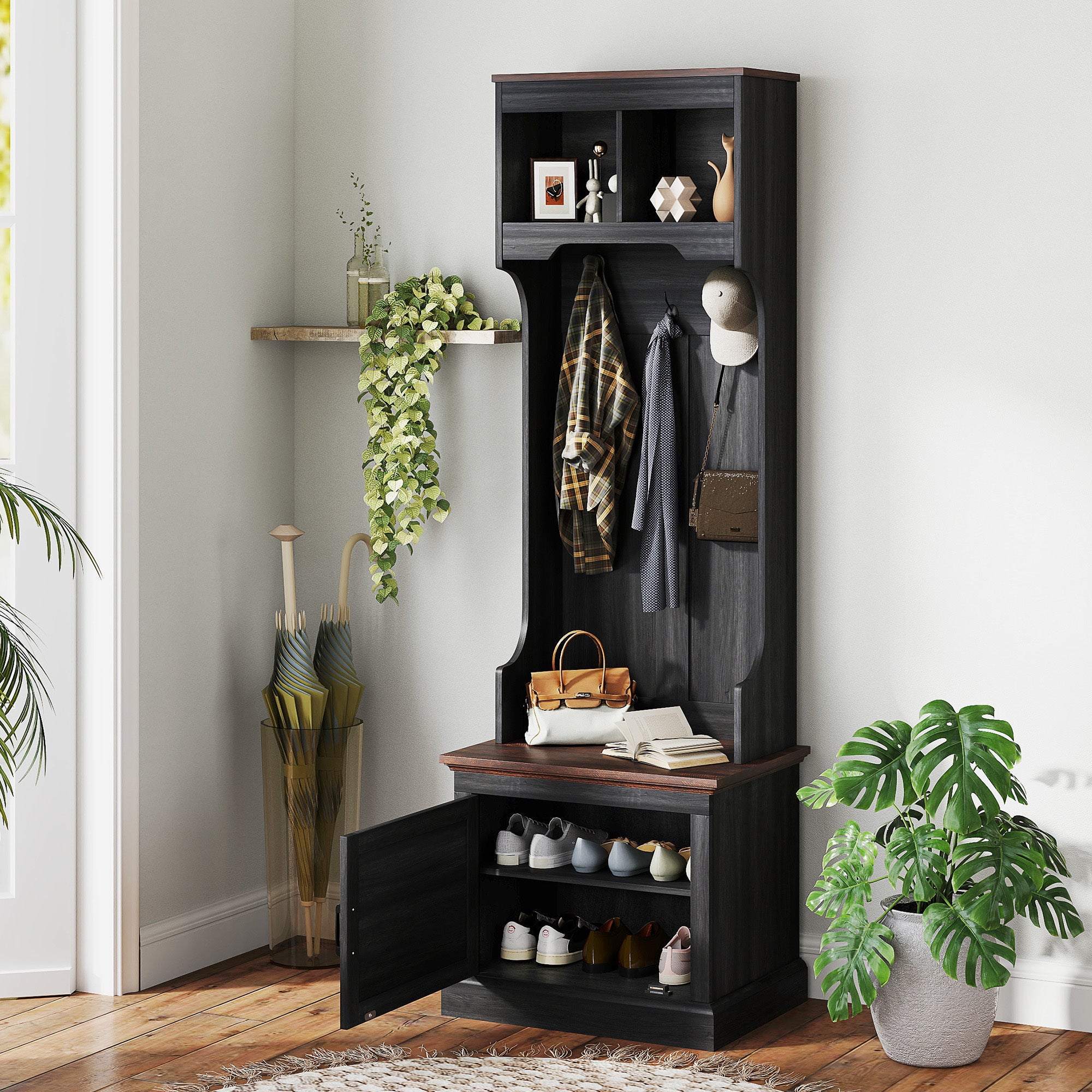 3-in-1 Hall Tree With Shoe Storage, Coat Rack With Bench, Entryway Furniture With Five Hooks, Black Wood Grain