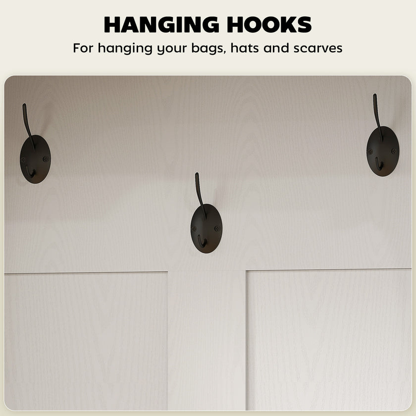 3-in-1 Hall Tree With Shoe Storage, Coat Rack With Bench, Entryway Furniture With Five Hooks, White Wood Grain