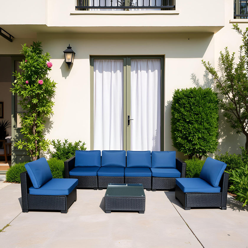 Seven-Piece Sofa Set Table With Sofa Chair Black PE Rattan Outdoor Furniture 7-JH001 Box 3-1-2-3 With Blue Color Cushion