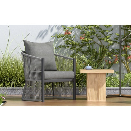 Modern Gray Curved Aluminum Lounge Chair With Stylish Rope-Weave Design And Cushioned Comfort, Perfect For Outdoor Living