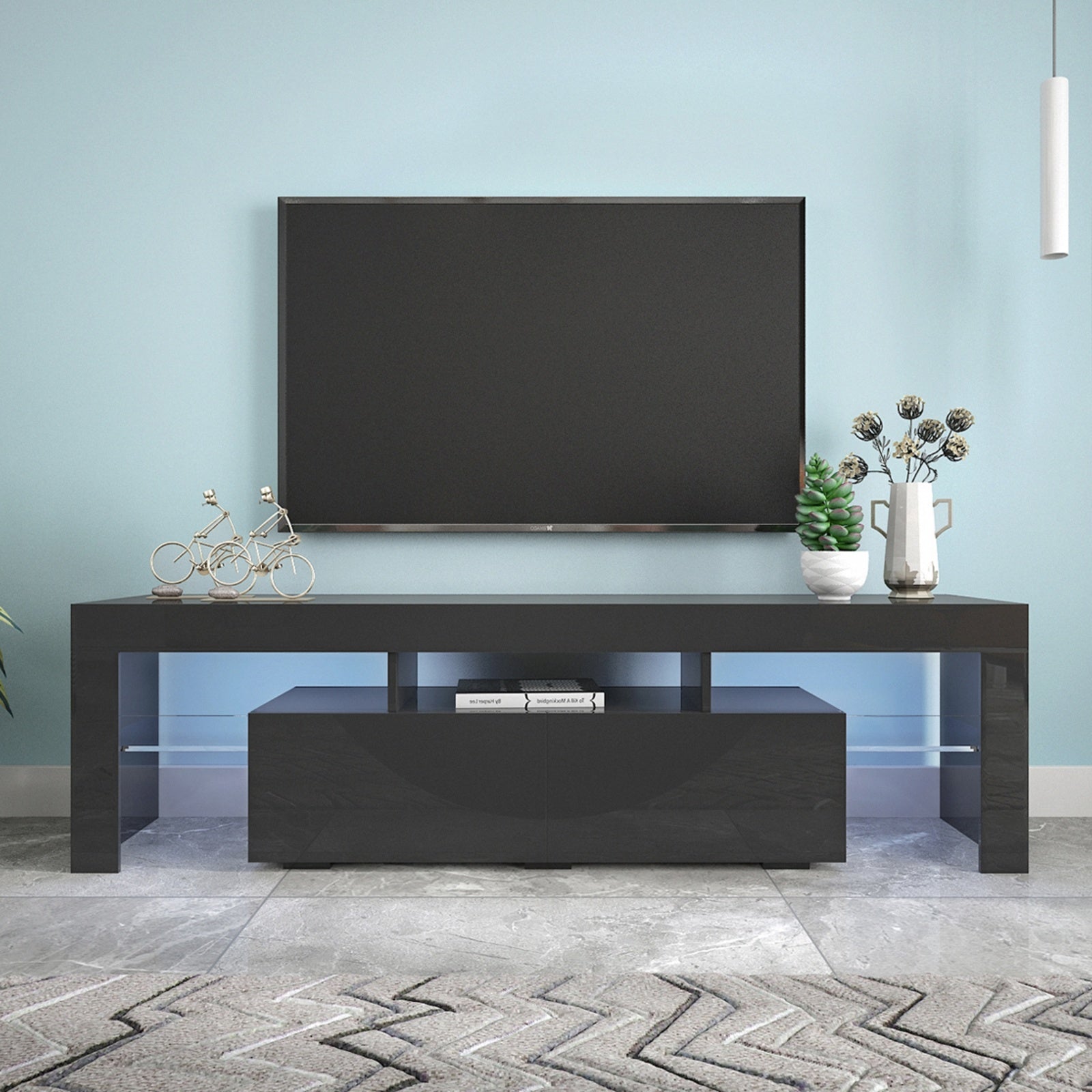 Modern Black TV Stand, 20 Colors LED TV Stand W Remote Control Lights