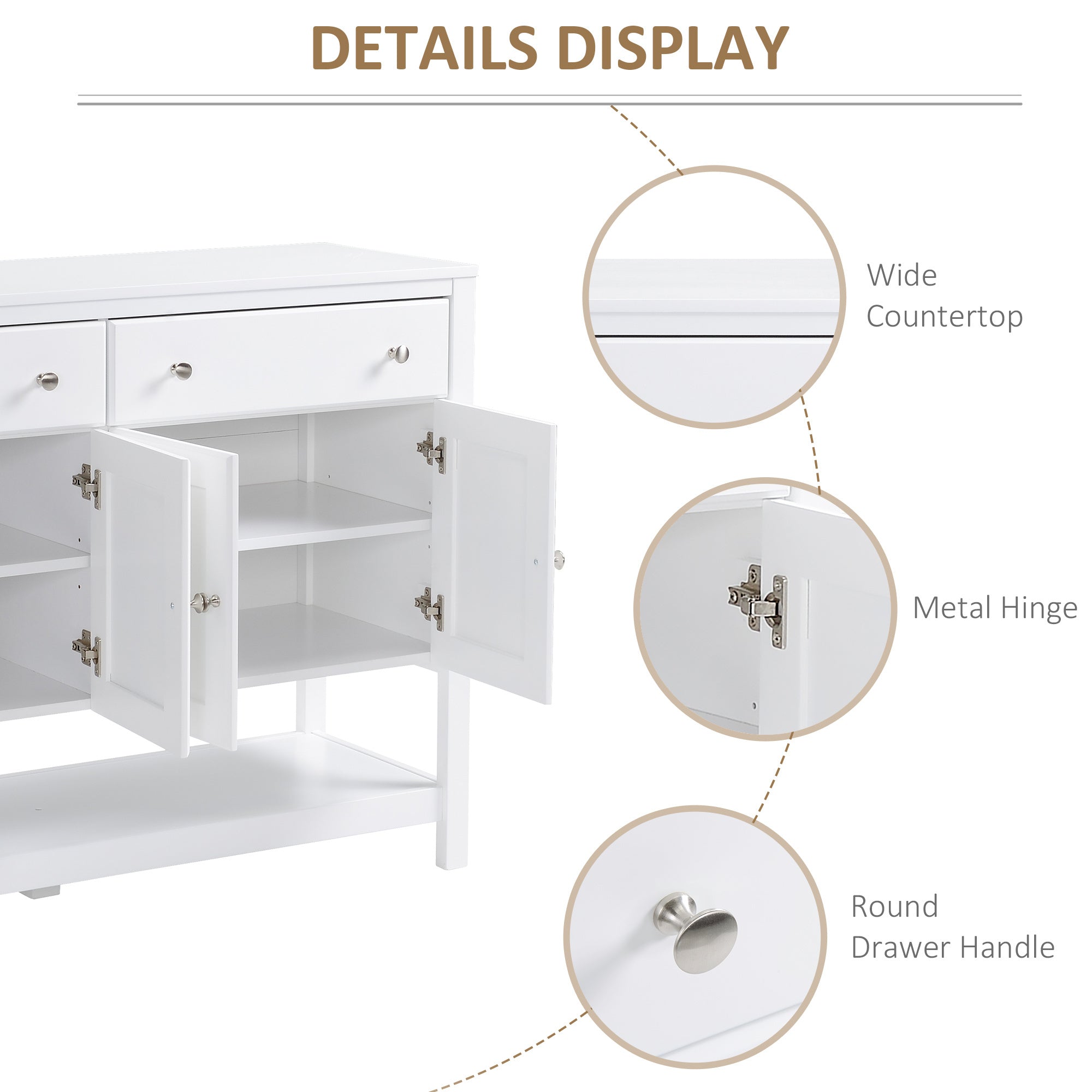 Modern White Buffet, Metal Hinges & Round Handles, Dining Room Storage