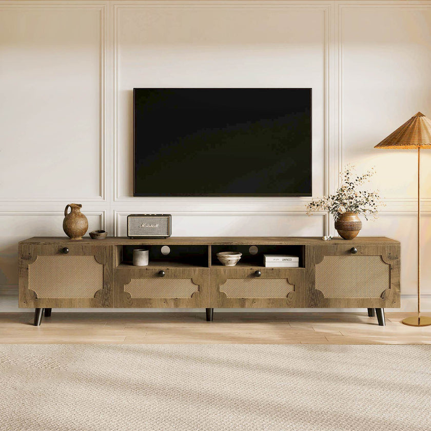 TV Station, TV Room, Entertainment Center, Can Accommodate 65 Inch TV, UV Open Drawers, Solid Wood Legs, Can Be Placed In Living Room, Bedroom, TV Cabinet Rattan Weaving