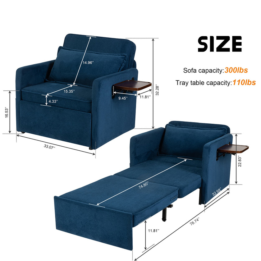 Adult Sleeper Chair Bed, 3-in-1 Convertible Sofa Chair Bed Pull-out Sofa Bed, Convenient Folding Tray Table With USB And Type-C Charging Ports For Living Room Cannot Be Sold On Temu