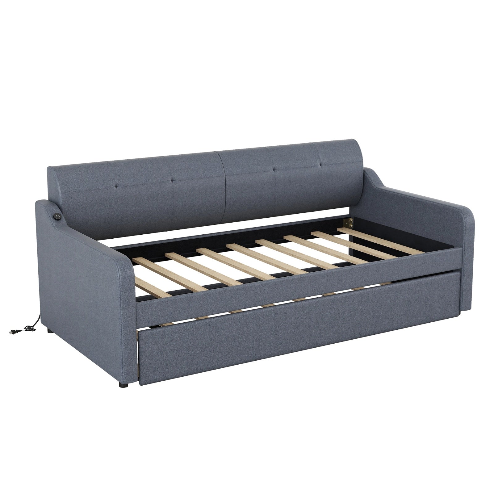 Twin Upholstered DayBed With Trundle & USB, Adjustable, Gray - 80 Characters