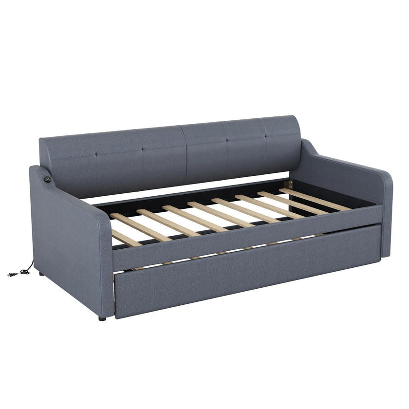 Twin Upholstered DayBed With Trundle & USB, Adjustable, Gray - 80 Characters