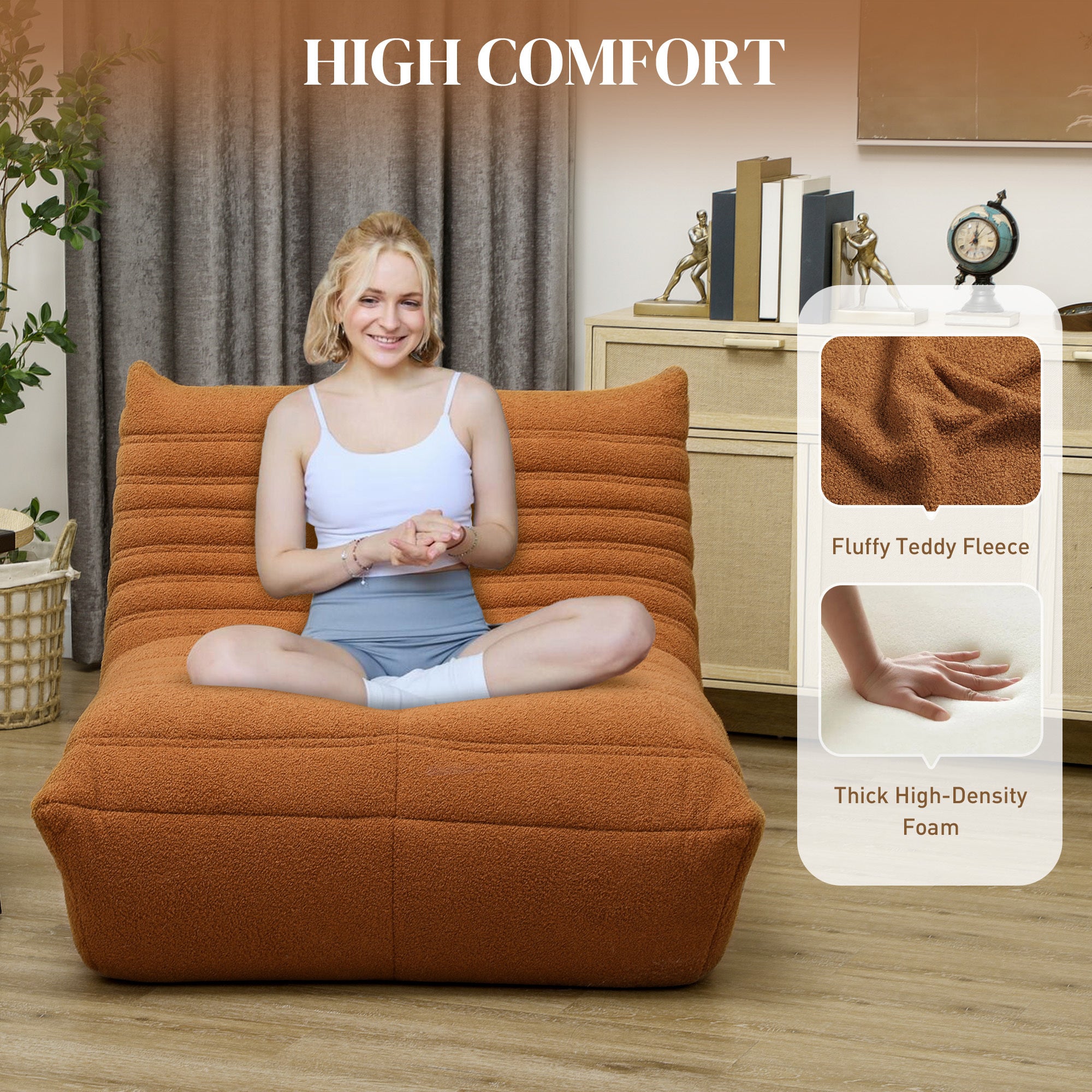Bean Bag Chair For Adults, Giant Fireside Chair, Bean Bag Sofa With High Density Foam For Living Room, Brown