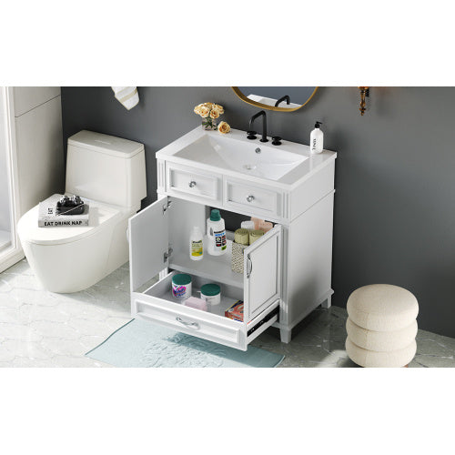 30'' Bathroom Vanity With Resin Sink, Solid Wood Frame Bathroom Storage Cabinet With Soft Closing Doors, Retro Style, White