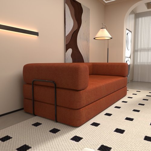 Convertible Sleeper Sofa Bed With Cylindrical Pillow, Corduroy Folding Mattress Couch With Fixed-Shape Frame, Floor Sofa Lounge Couch For Living Room Bedroom Lounge Studio Orange Red