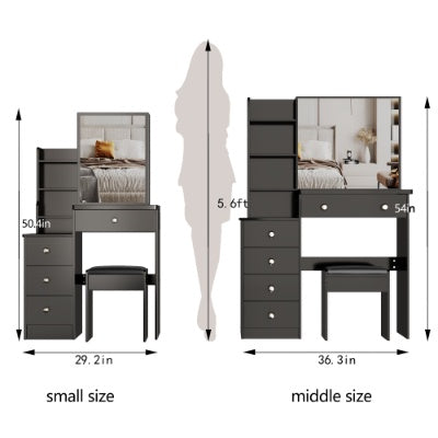 29.2 Small Space Left Bedside Cabinet Vanity Table   Cushioned Stool, Extra Large Right Sliding Mirror  Multi Layer High Capacity Storage, Practical Fashionable Dresser Suitable For Small Space