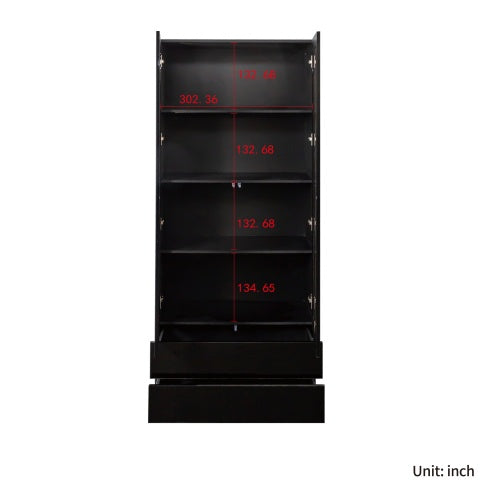 Display Cabinet With Glass Doors, Curio Storage Cabinet With 2-Drawer, Bookcase With LED Lights, Black