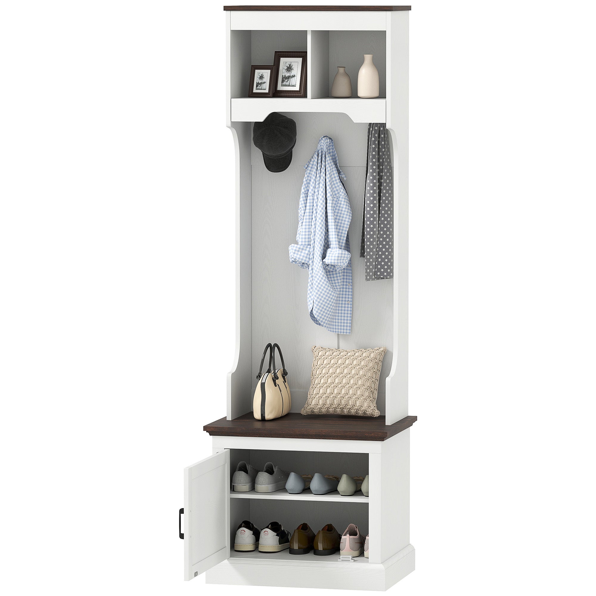 3-in-1 Hall Tree With Shoe Storage, Coat Rack With Bench, Entryway Furniture With Five Hooks, White Wood Grain