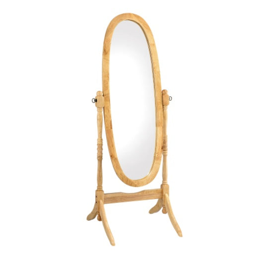 59.25  Tall Standing Wooden Floor Mirror With Natural Finish, Oval Shape