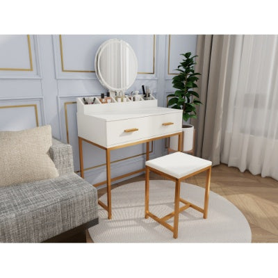Vanity Set With Mirror And Stool - Makeup Vanity Table With Storage Drawers And Organizer, White And Gold, Space-Saving Design For Small Bedrooms